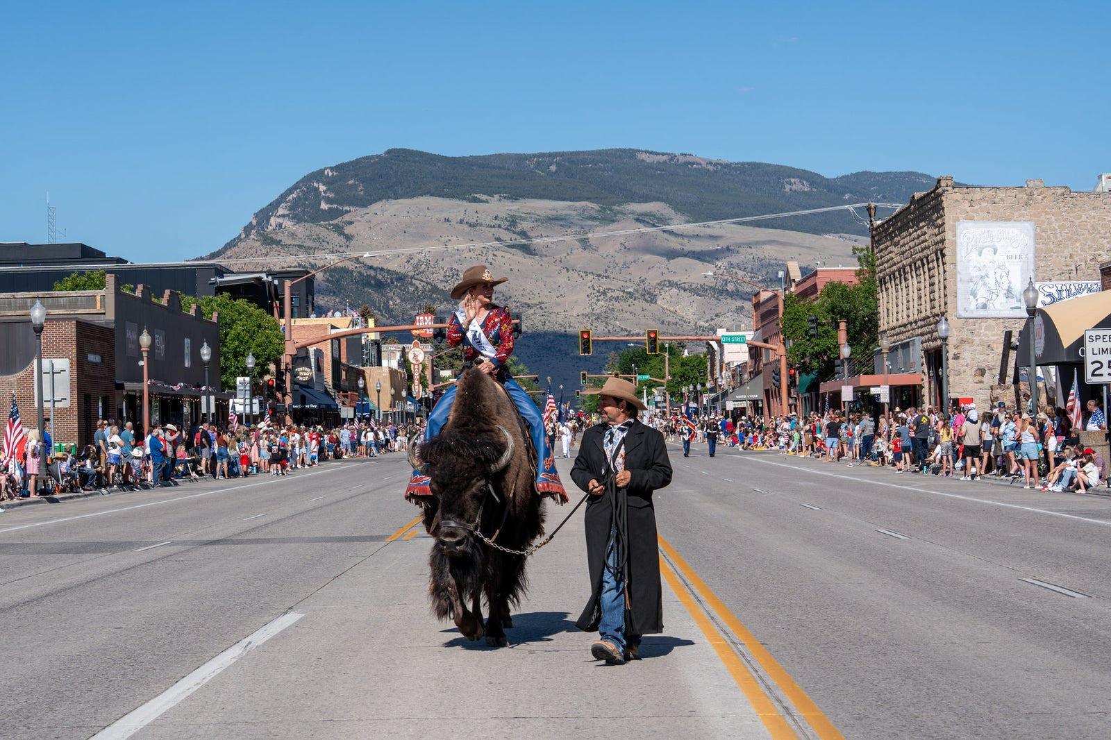 Miss Rodeo America Rides Clyde the Buffalo Through Cody